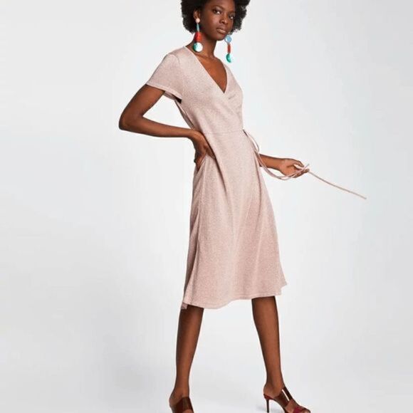 NWOT Zara Crossover Taupe Gold Shimmer Midi Dress - Picture 1 of 11